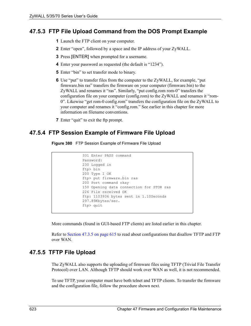 4 ftp session example of firmware file upload, 5 tftp file upload | ZyXEL Communications 70 Series User Manual | Page 623 / 807