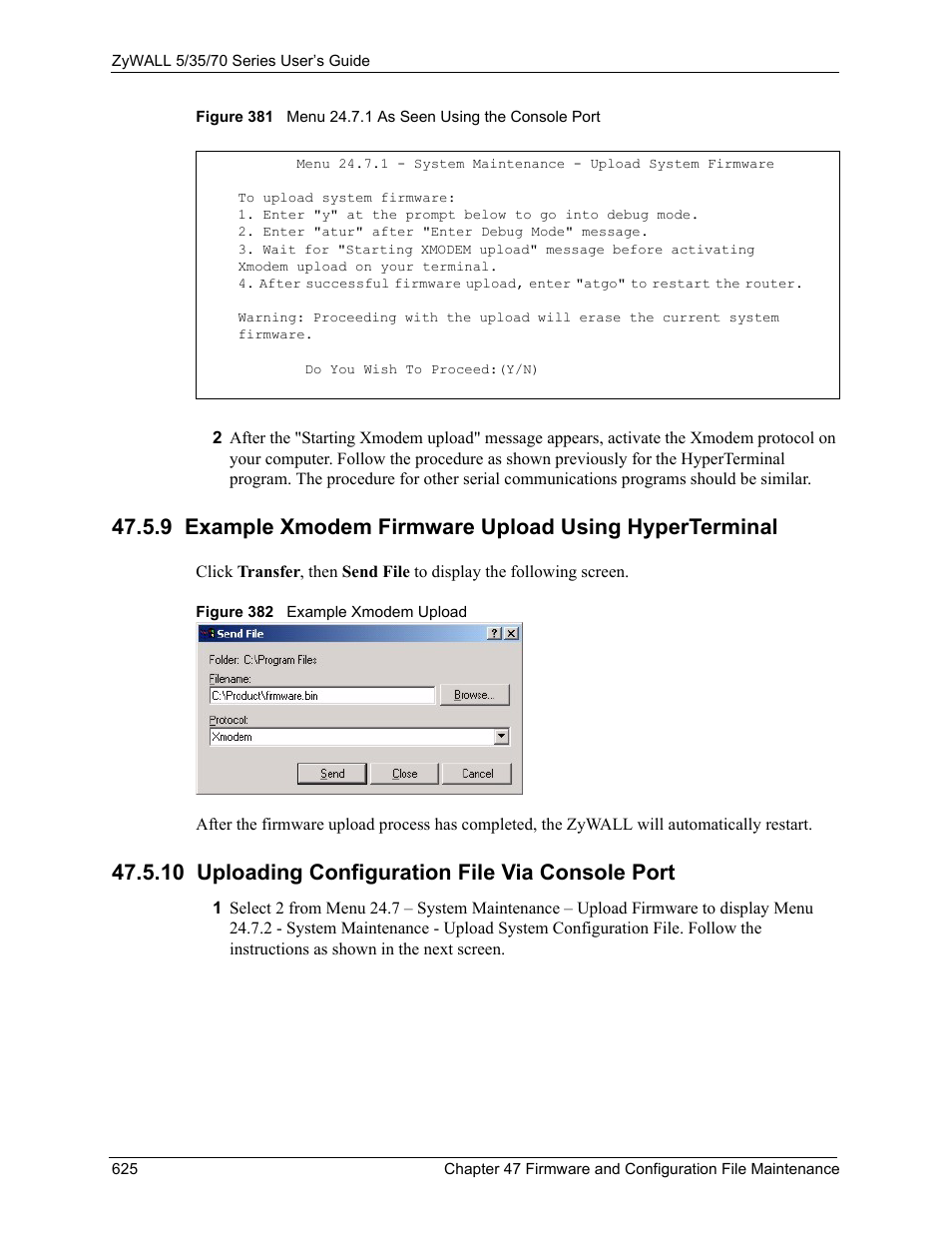 10 uploading configuration file via console port, Figure 382 example xmodem upload | ZyXEL Communications 70 Series User Manual | Page 625 / 807