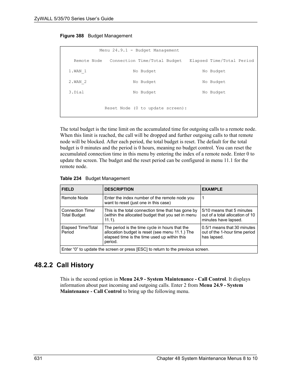 2 call history, Figure 388 budget management, Table 234 budget management | ZyXEL Communications 70 Series User Manual | Page 631 / 807