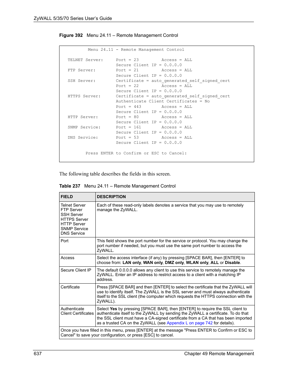 Figure 392 menu 24.11 – remote management control, Table 237 menu 24.11 – remote management control | ZyXEL Communications 70 Series User Manual | Page 637 / 807