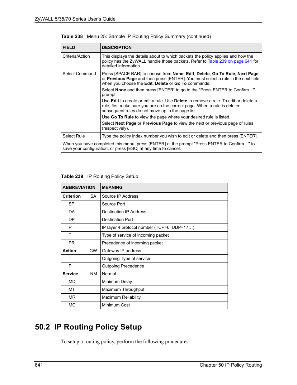 2 ip routing policy setup, Table 239 ip routing policy setup | ZyXEL Communications 70 Series User Manual | Page 641 / 807
