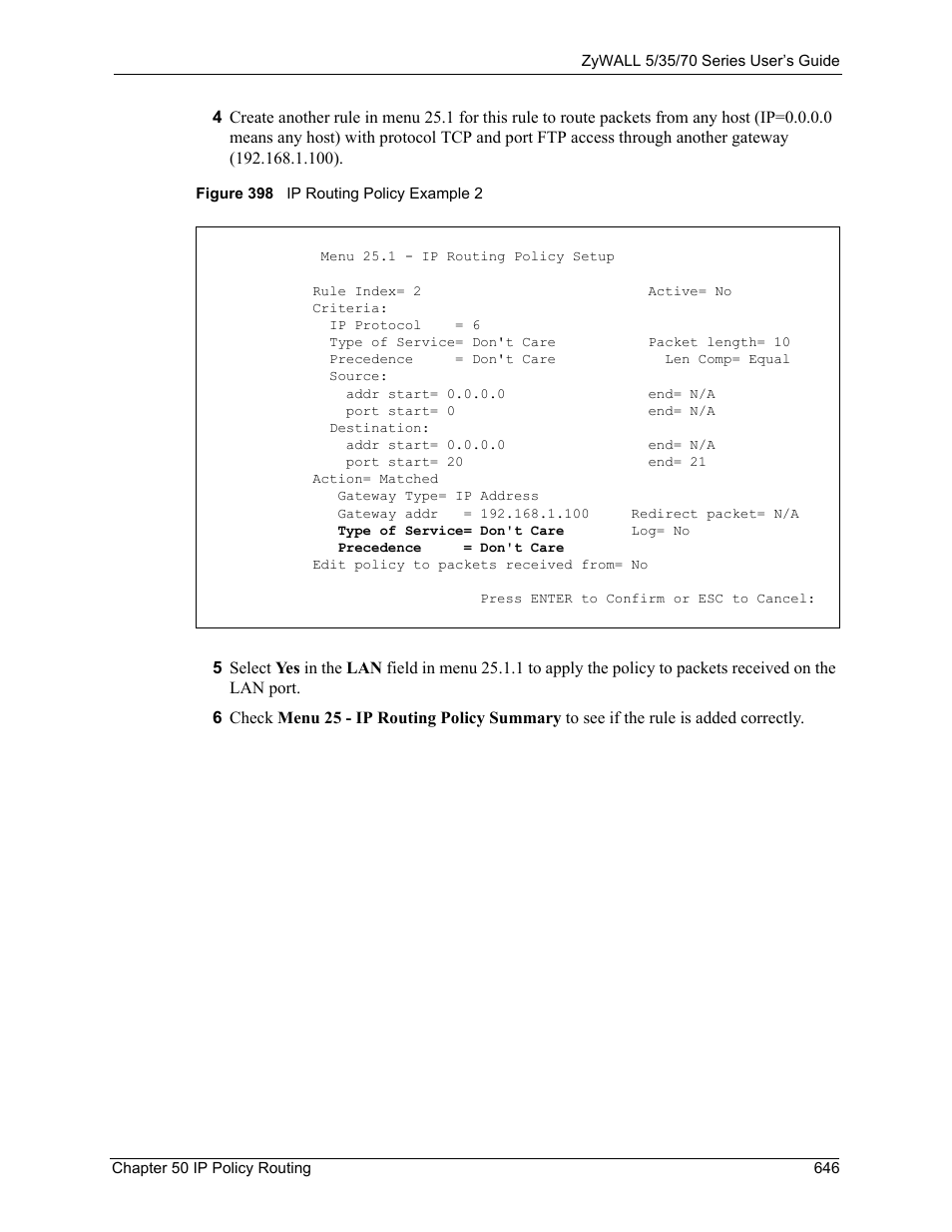 Figure 398 ip routing policy example 2 | ZyXEL Communications 70 Series User Manual | Page 646 / 807