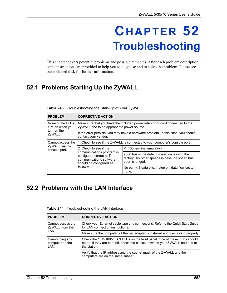 Troubleshooting, 1 problems starting up the zywall, 2 problems with the lan interface | Chapter 52 troubleshooting | ZyXEL Communications 70 Series User Manual | Page 652 / 807