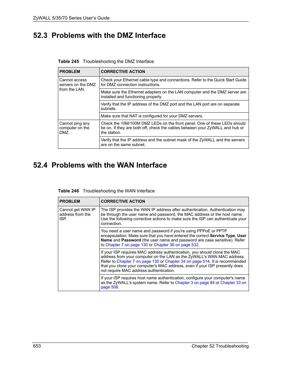 3 problems with the dmz interface, 4 problems with the wan interface | ZyXEL Communications 70 Series User Manual | Page 653 / 807