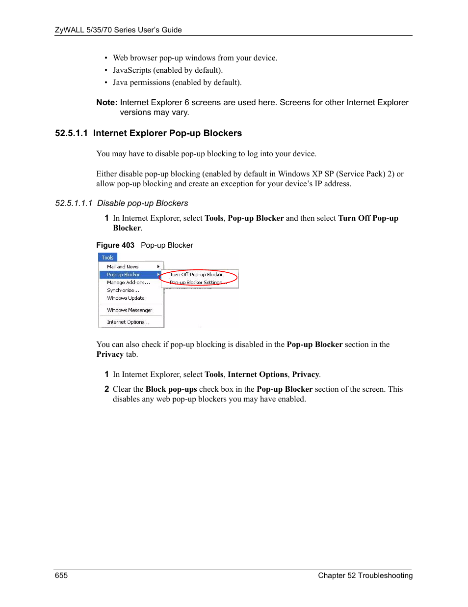 1 internet explorer pop-up blockers, Figure 403 pop-up blocker | ZyXEL Communications 70 Series User Manual | Page 655 / 807