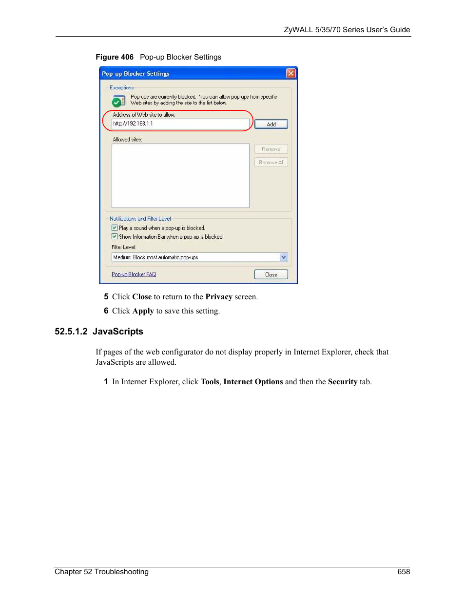 2 javascripts, Figure 406 pop-up blocker settings | ZyXEL Communications 70 Series User Manual | Page 658 / 807