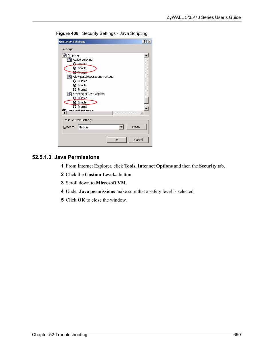 3 java permissions, Figure 408 security settings - java scripting | ZyXEL Communications 70 Series User Manual | Page 660 / 807