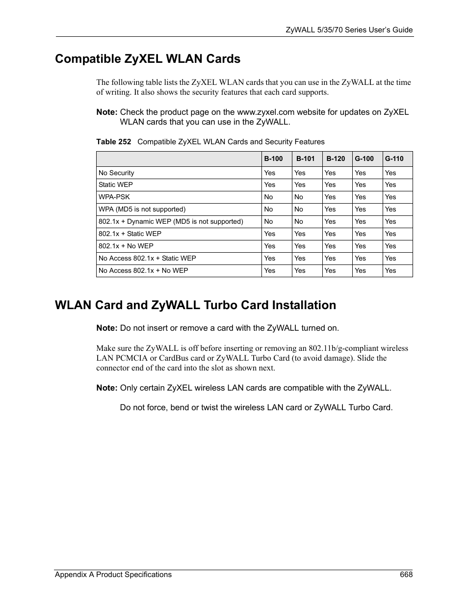 Compatible zyxel wlan cards, Wlan card and zywall turbo card installation | ZyXEL Communications 70 Series User Manual | Page 668 / 807