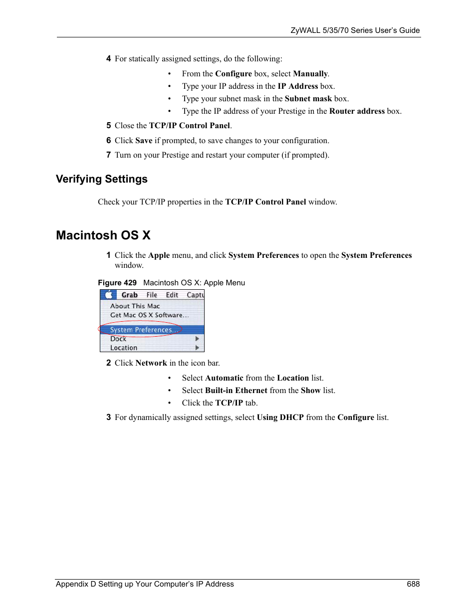 Verifying settings, Macintosh os x, Figure 429 macintosh os x: apple menu | ZyXEL Communications 70 Series User Manual | Page 688 / 807