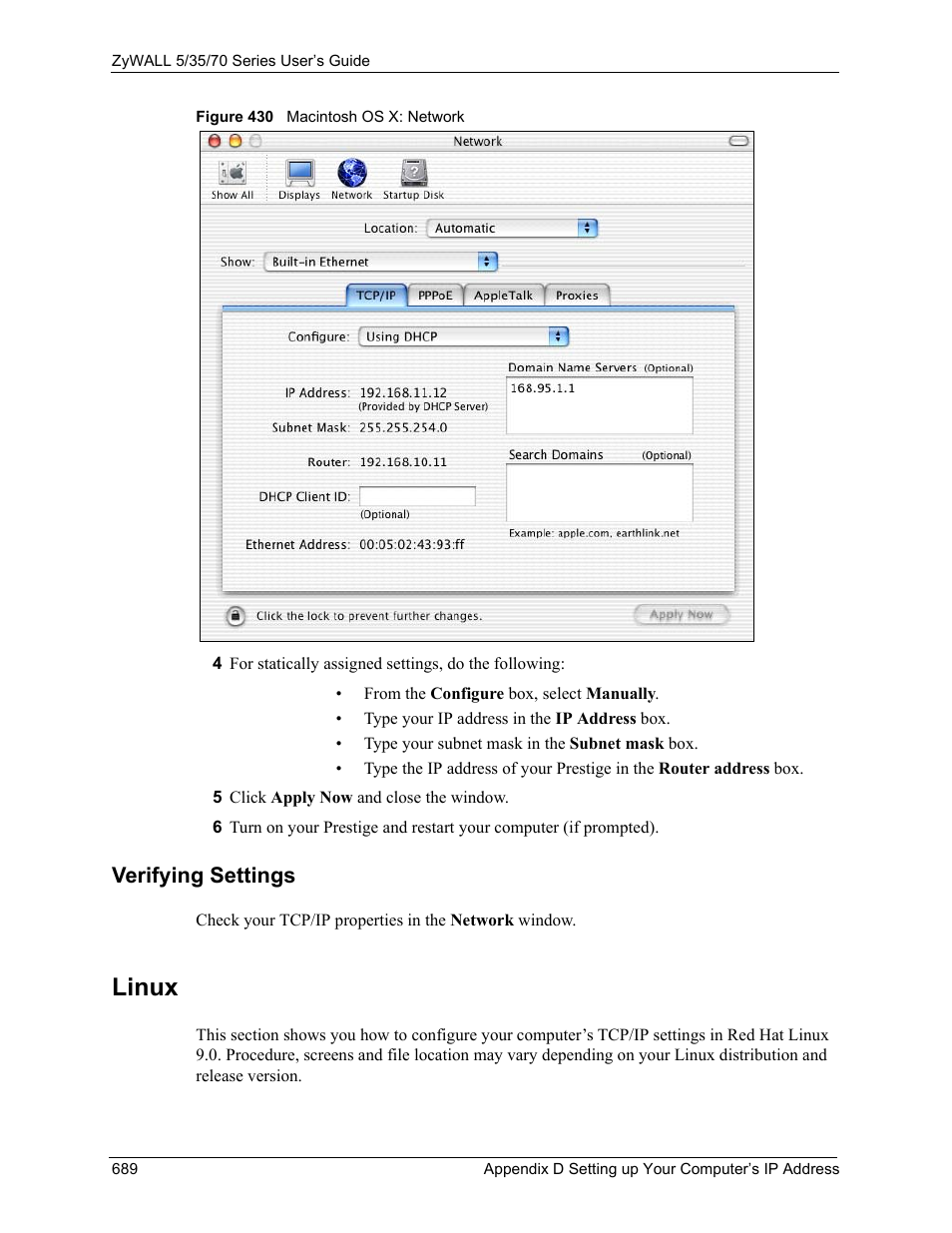 Verifying settings, Linux, Figure 430 macintosh os x: network | ZyXEL Communications 70 Series User Manual | Page 689 / 807