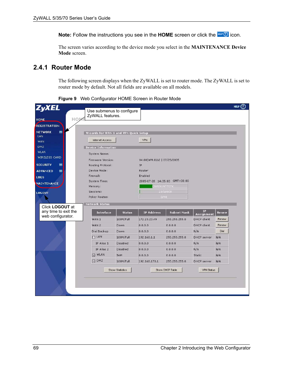 1 router mode | ZyXEL Communications 70 Series User Manual | Page 69 / 807