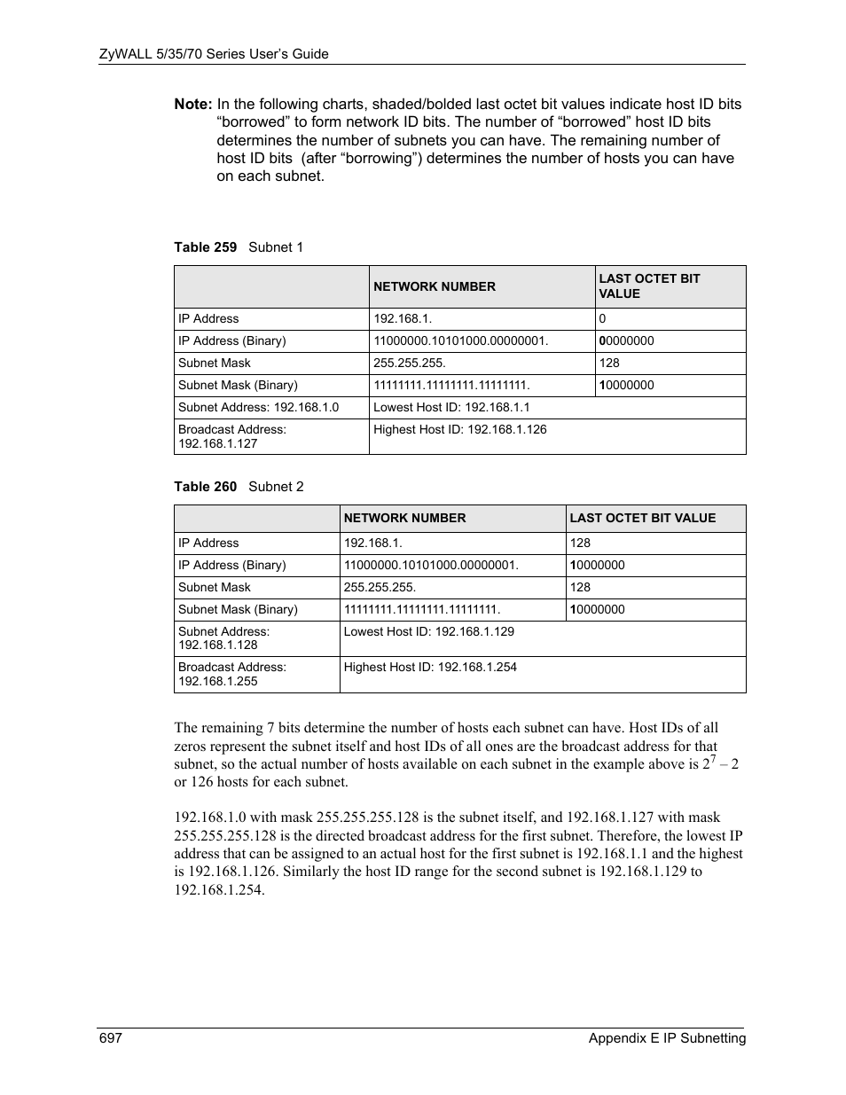 Table 259 subnet 1 table 260 subnet 2 | ZyXEL Communications 70 Series User Manual | Page 697 / 807