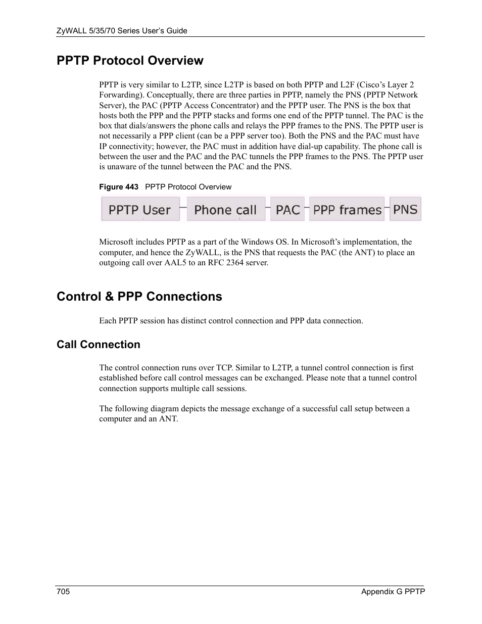 Pptp protocol overview, Control & ppp connections, Call connection | Figure 443 pptp protocol overview | ZyXEL Communications 70 Series User Manual | Page 705 / 807