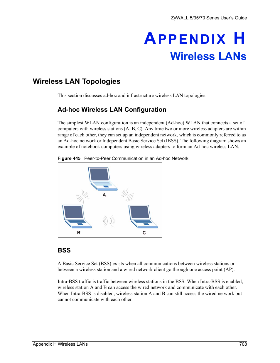 H. wireless lans, Wireless lan topologies, Ad-hoc wireless lan configuration | Appendix h wireless lans, Wireless lans | ZyXEL Communications 70 Series User Manual | Page 708 / 807