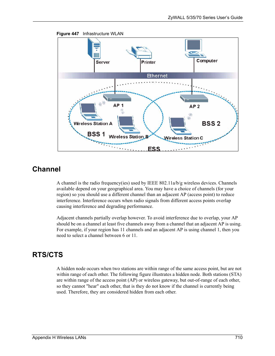 Channel, Rts/cts, Figure 447 infrastructure wlan | ZyXEL Communications 70 Series User Manual | Page 710 / 807