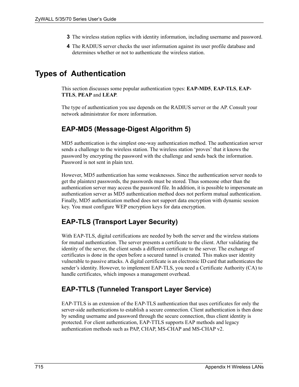 Types of authentication, Eap-md5 (message-digest algorithm 5), Eap-tls (transport layer security) | Eap-ttls (tunneled transport layer service) | ZyXEL Communications 70 Series User Manual | Page 715 / 807