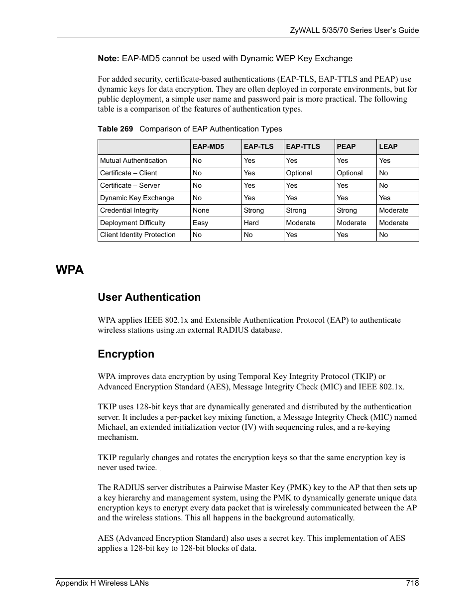 User authentication, Encryption, Table 269 comparison of eap authentication types | ZyXEL Communications 70 Series User Manual | Page 718 / 807