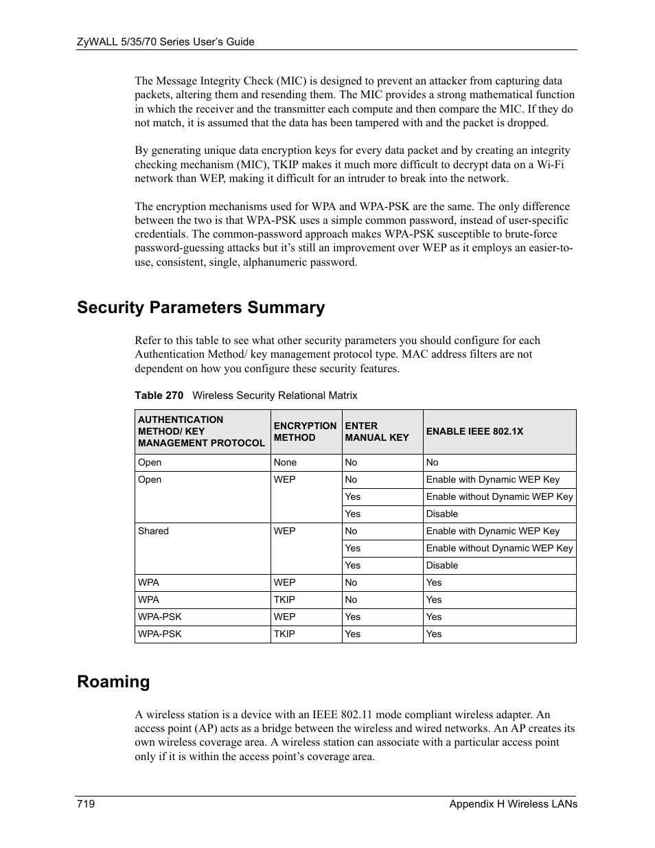 Security parameters summary, Roaming, Table 270 wireless security relational matrix | ZyXEL Communications 70 Series User Manual | Page 719 / 807