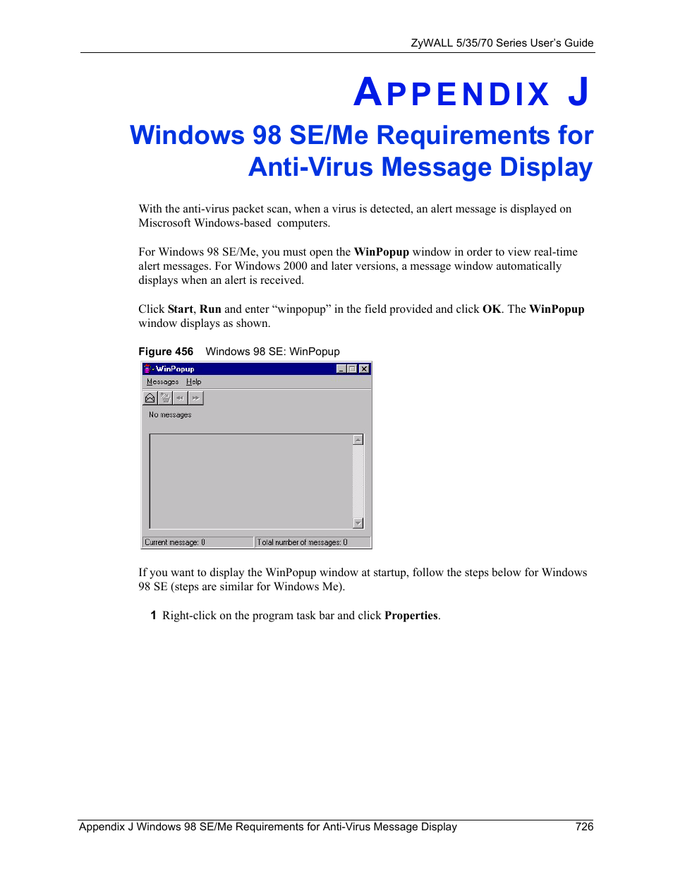 Figure 456 windows 98 se: winpopup | ZyXEL Communications 70 Series User Manual | Page 726 / 807