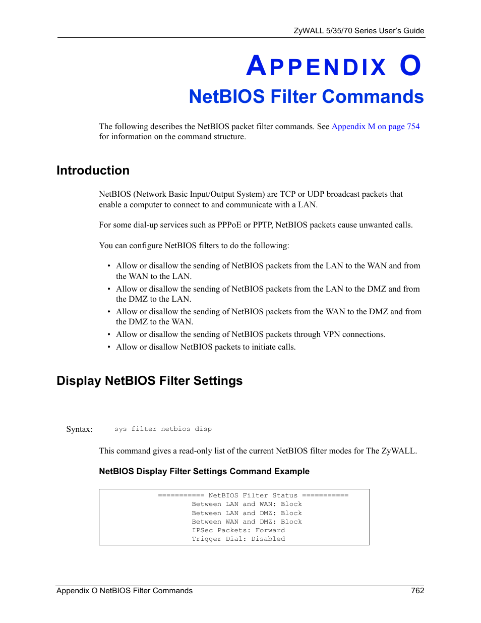 O. netbios filter commands, Introduction, Display netbios filter settings | Appendix o netbios filter commands, Netbios filter commands | ZyXEL Communications 70 Series User Manual | Page 762 / 807