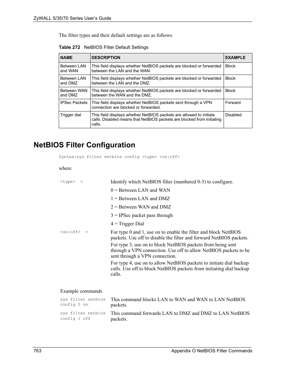 Netbios filter configuration, Table 272 netbios filter default settings | ZyXEL Communications 70 Series User Manual | Page 763 / 807