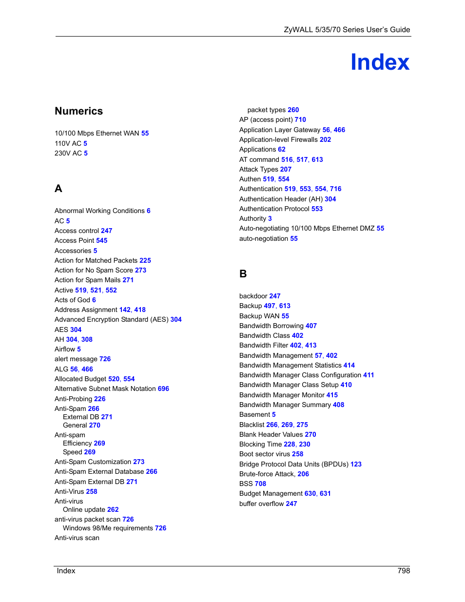 Index, Numerics | ZyXEL Communications 70 Series User Manual | Page 798 / 807