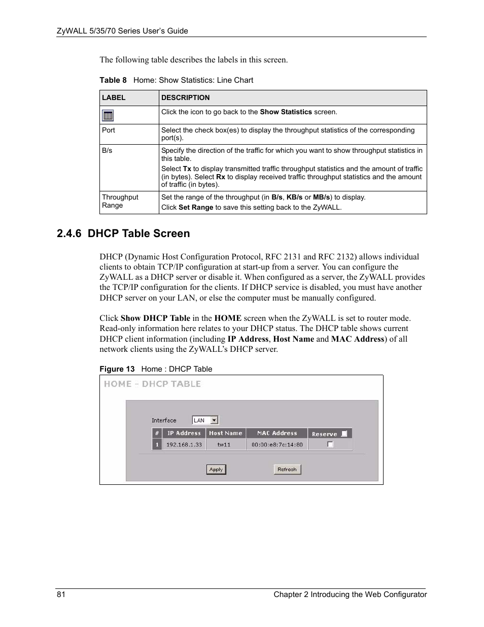 6 dhcp table screen, Figure 13 home : dhcp table, Table 8 home: show statistics: line chart | ZyXEL Communications 70 Series User Manual | Page 81 / 807