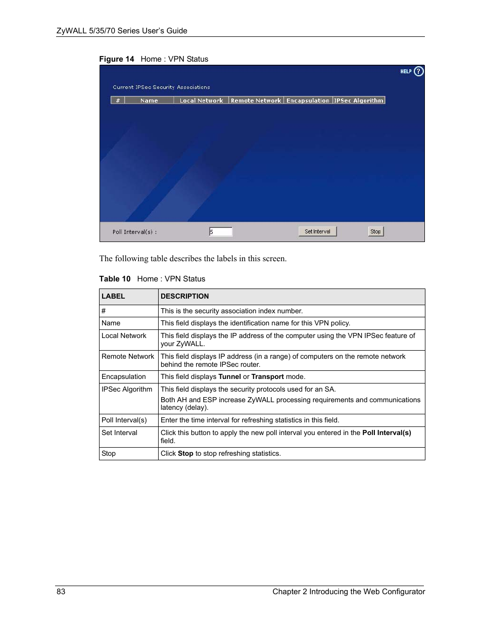 Figure 14 home : vpn status, Table 10 home : vpn status | ZyXEL Communications 70 Series User Manual | Page 83 / 807