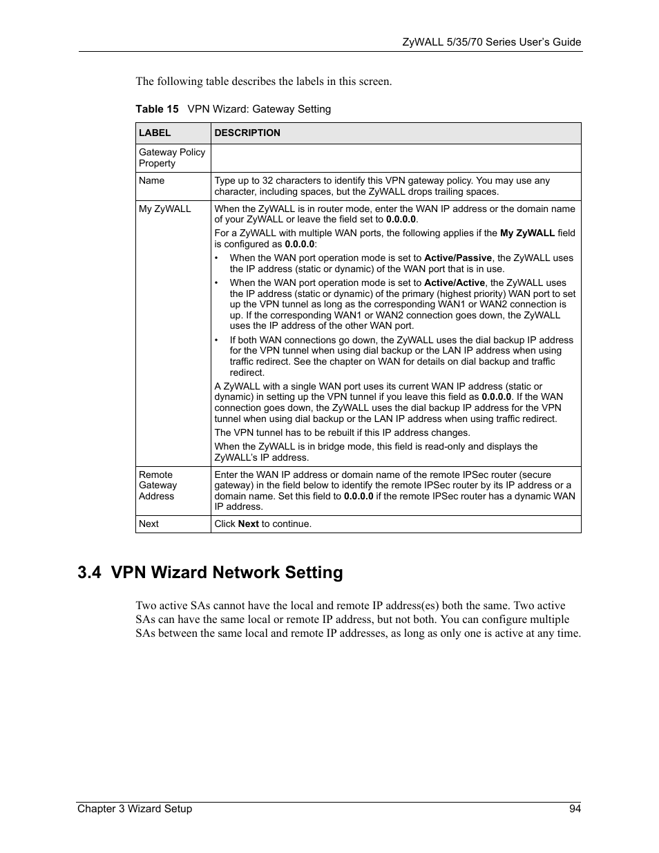 4 vpn wizard network setting, Table 15 vpn wizard: gateway setting | ZyXEL Communications 70 Series User Manual | Page 94 / 807