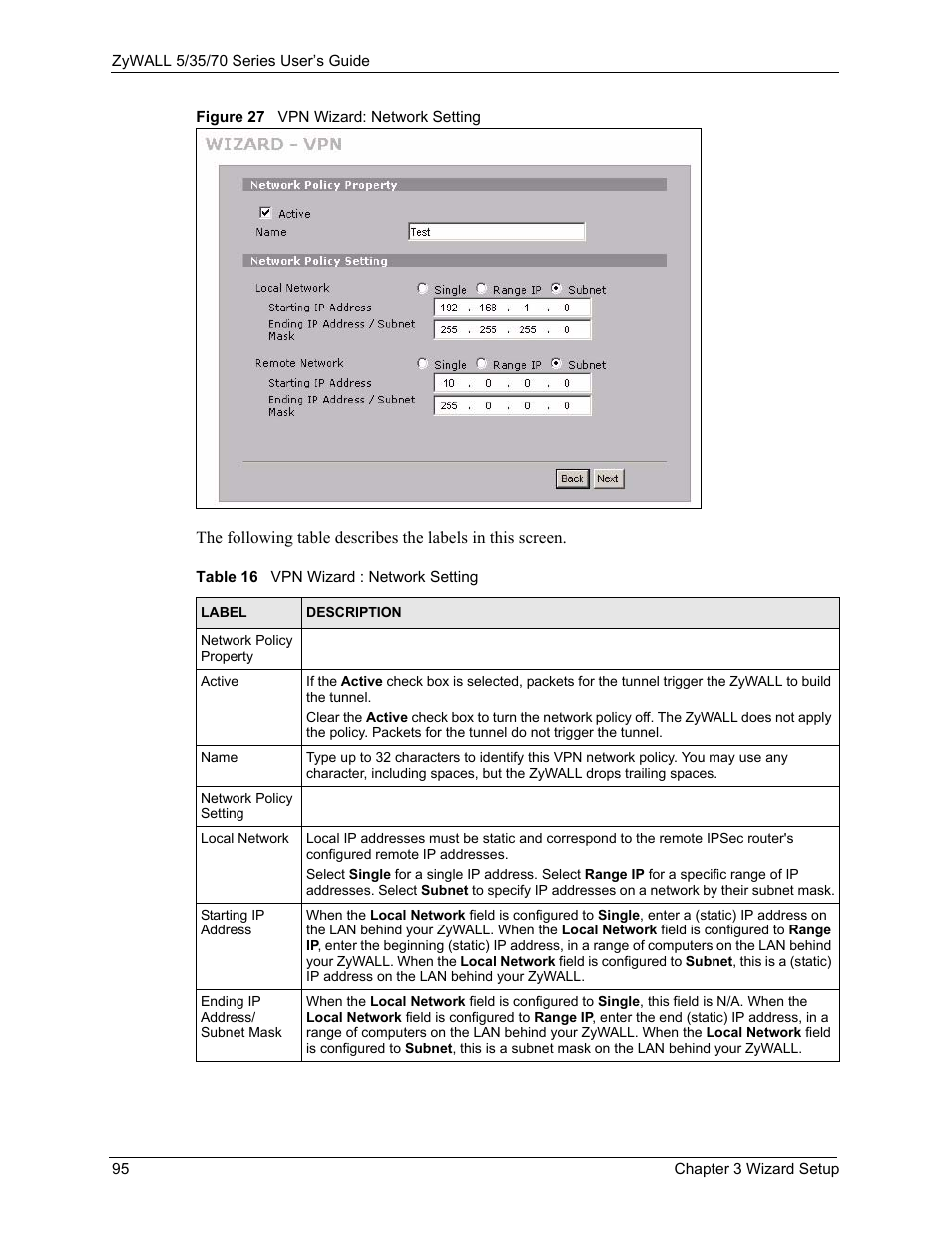 Figure 27 vpn wizard: network setting, Table 16 vpn wizard : network setting | ZyXEL Communications 70 Series User Manual | Page 95 / 807