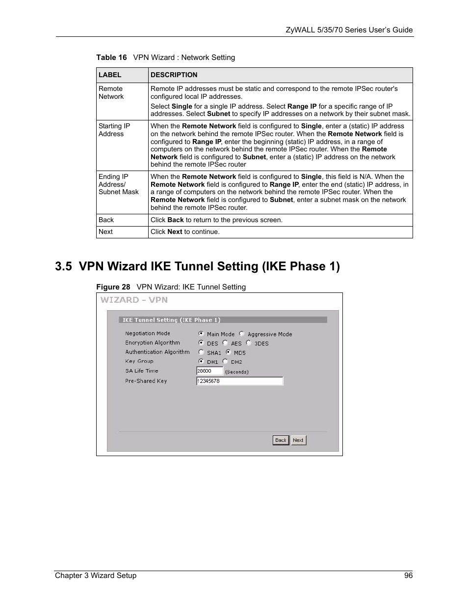 5 vpn wizard ike tunnel setting (ike phase 1), Figure 28 vpn wizard: ike tunnel setting | ZyXEL Communications 70 Series User Manual | Page 96 / 807