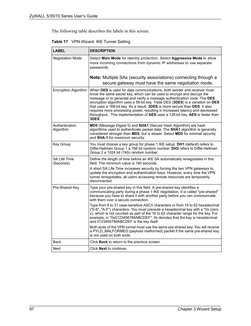 Table 17 vpn wizard: ike tunnel setting | ZyXEL Communications 70 Series User Manual | Page 97 / 807