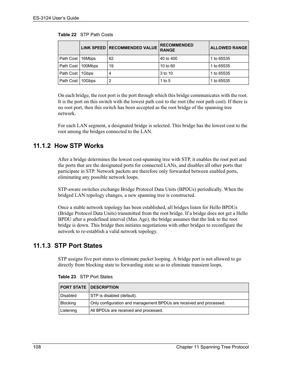 2 how stp works, 3 stp port states, 2 how stp works 11.1.3 stp port states | Table 23 stp port states | ZyXEL Communications LAYER 3 ES-3124 User Manual | Page 110 / 337