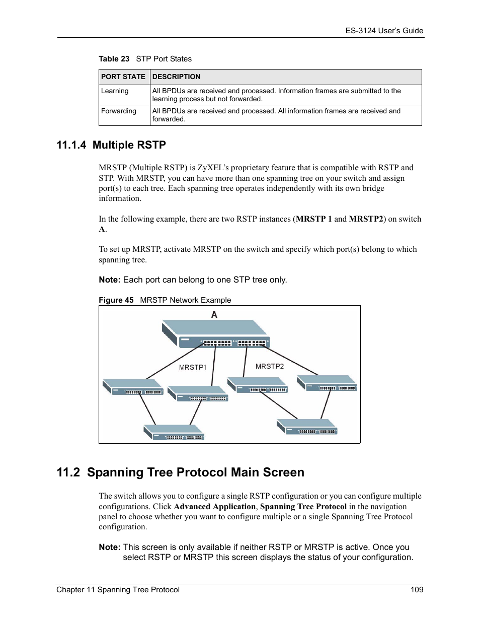 4 multiple rstp, 2 spanning tree protocol main screen, Figure 45 mrstp network example | ZyXEL Communications LAYER 3 ES-3124 User Manual | Page 111 / 337