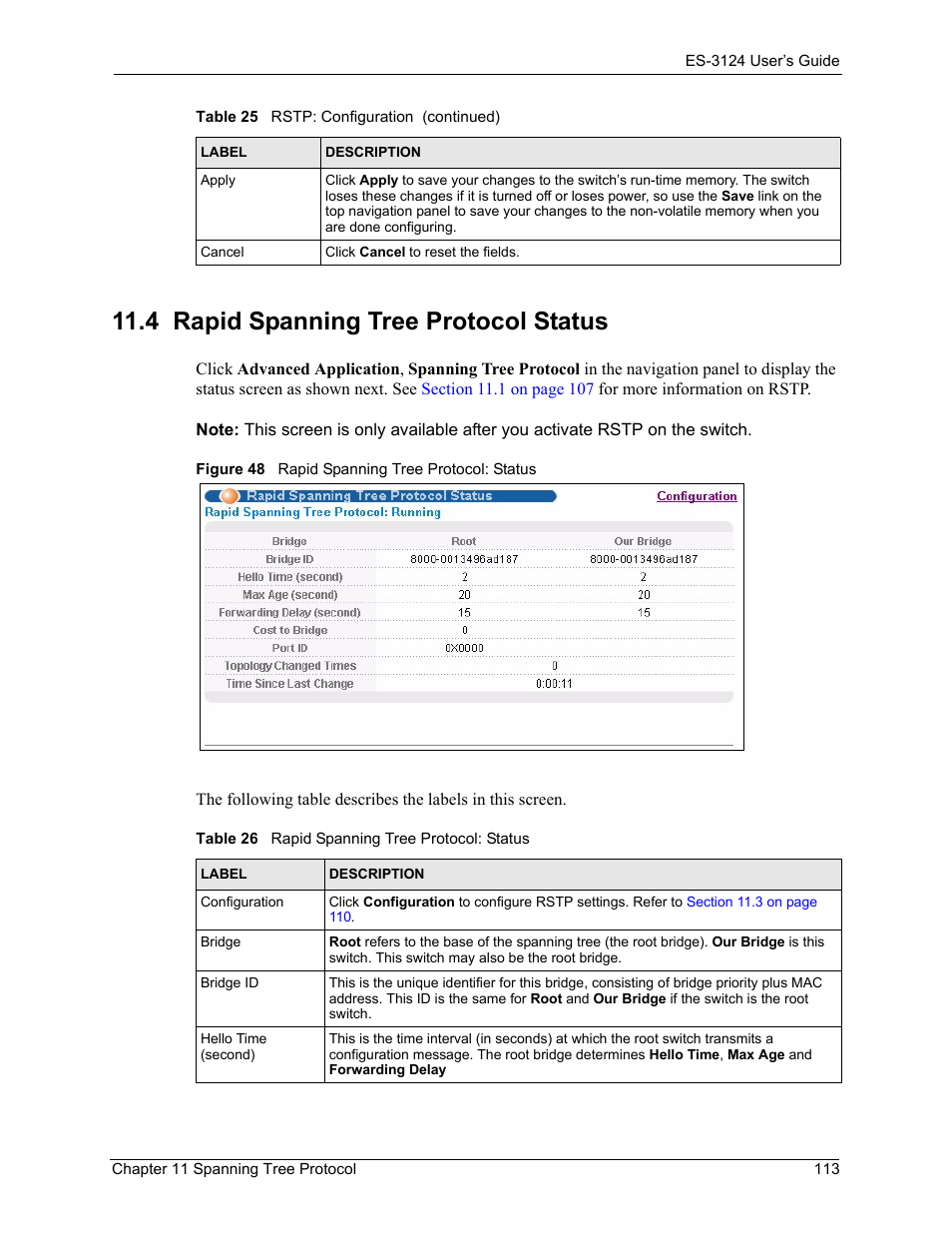4 rapid spanning tree protocol status, Figure 48 rapid spanning tree protocol: status, Table 26 rapid spanning tree protocol: status | ZyXEL Communications LAYER 3 ES-3124 User Manual | Page 115 / 337