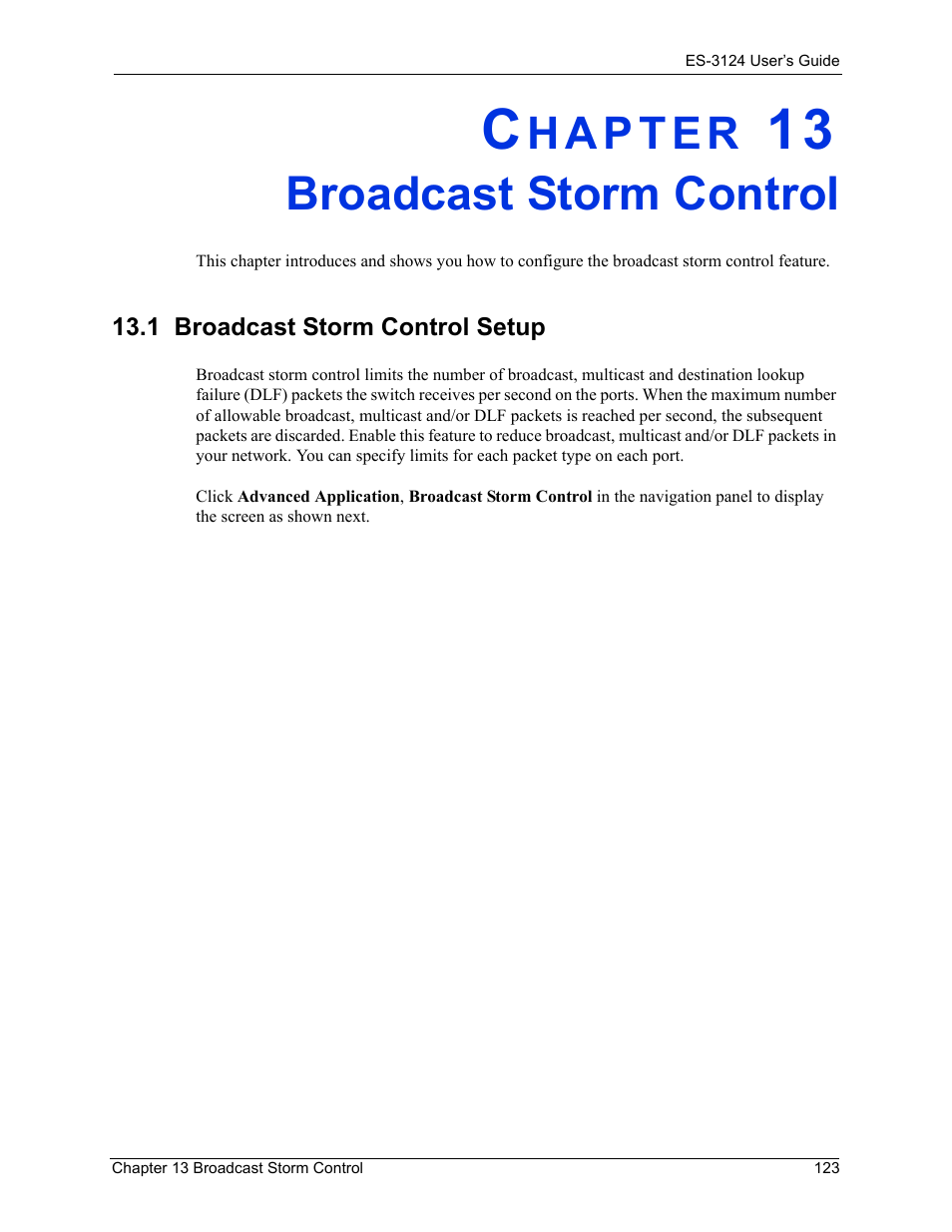 Broadcast storm control, Chapter 13 broadcast storm control, 1 broadcast storm control setup | ZyXEL Communications LAYER 3 ES-3124 User Manual | Page 125 / 337