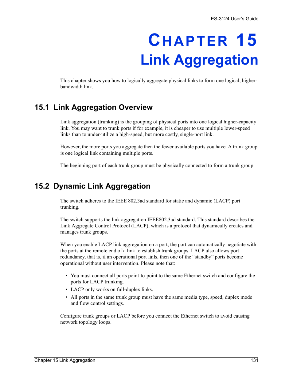 Link aggregation, 2 dynamic link aggregation, Chapter 15 link aggregation | ZyXEL Communications LAYER 3 ES-3124 User Manual | Page 133 / 337