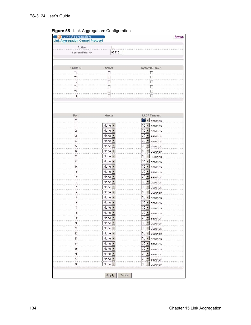 Figure 55 link aggregation: configuration | ZyXEL Communications LAYER 3 ES-3124 User Manual | Page 136 / 337