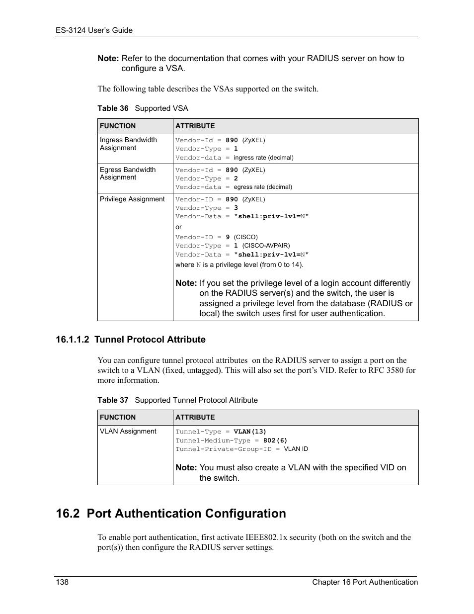 2 tunnel protocol attribute, 2 port authentication configuration | ZyXEL Communications LAYER 3 ES-3124 User Manual | Page 140 / 337