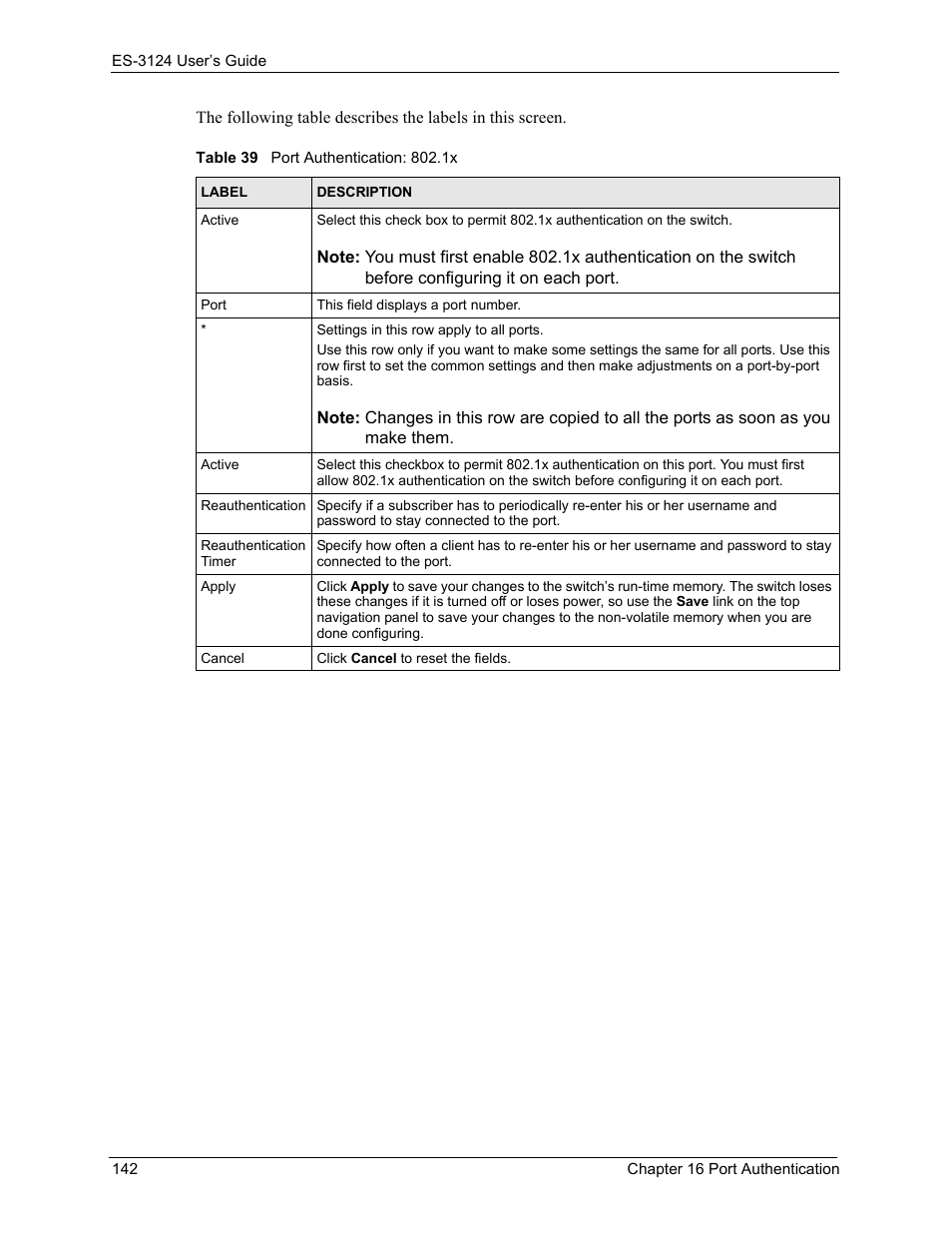 Table 39 port authentication: 802.1x | ZyXEL Communications LAYER 3 ES-3124 User Manual | Page 144 / 337