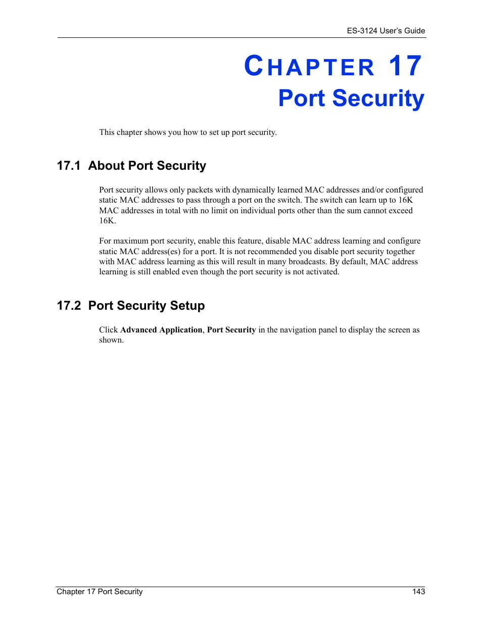 Port security, 2 port security setup, Chapter 17 port security | 1 about port security 17.2 port security setup | ZyXEL Communications LAYER 3 ES-3124 User Manual | Page 145 / 337