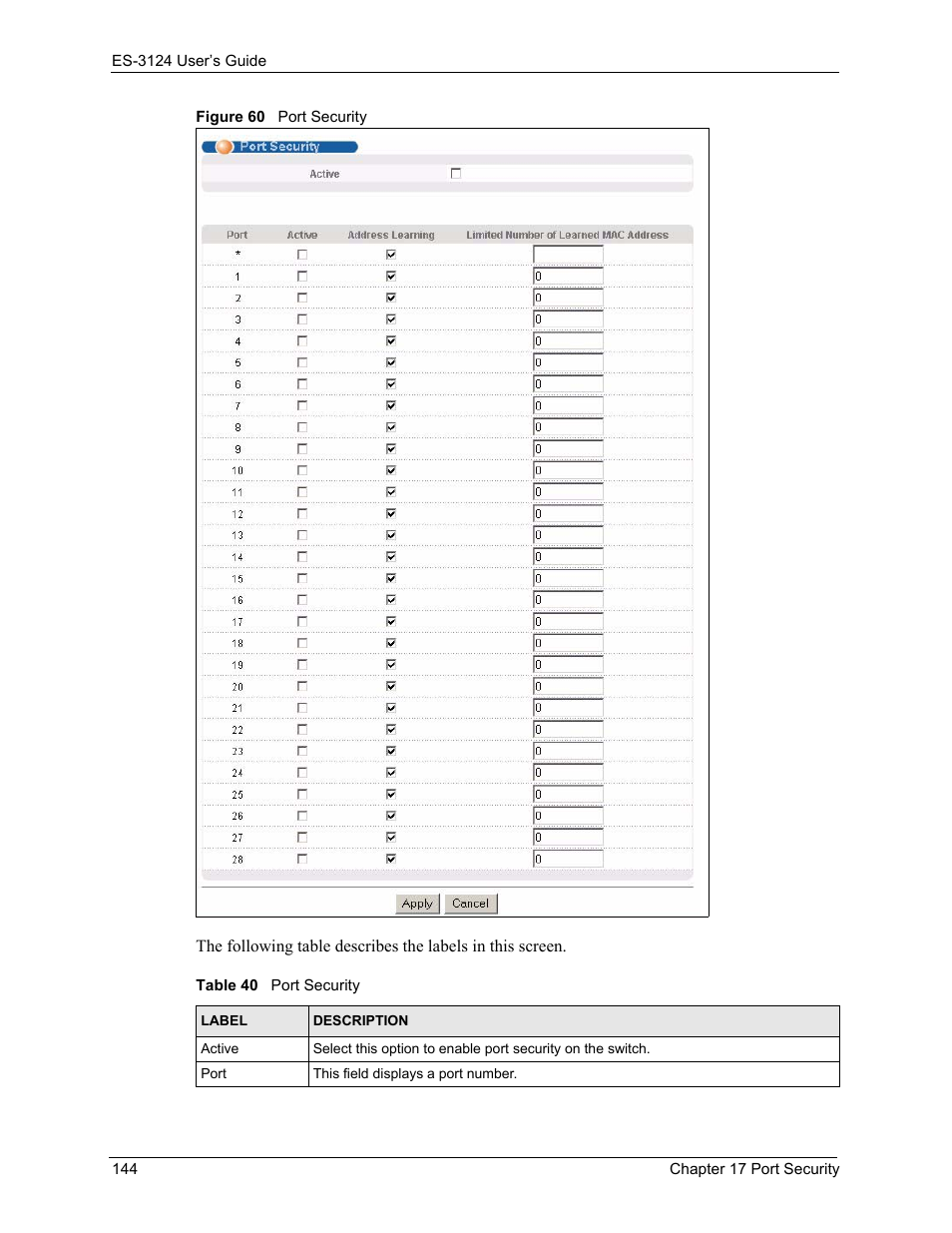 Figure 60 port security, Table 40 port security | ZyXEL Communications LAYER 3 ES-3124 User Manual | Page 146 / 337