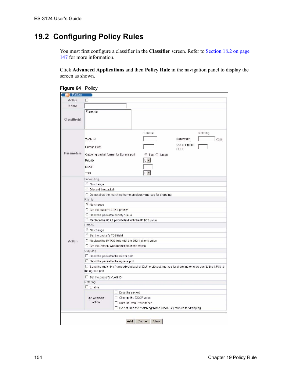 2 configuring policy rules, Figure 64 policy | ZyXEL Communications LAYER 3 ES-3124 User Manual | Page 156 / 337