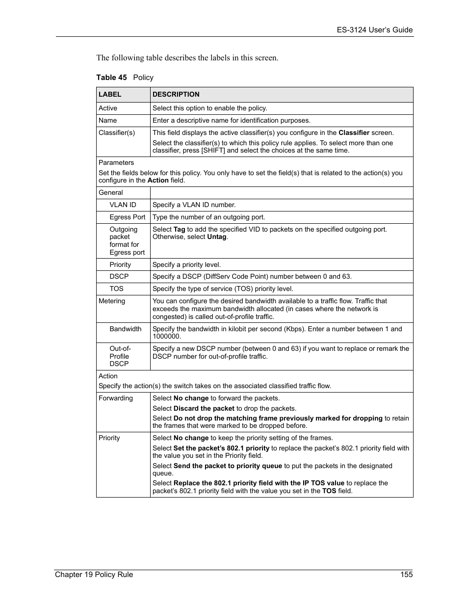 Table 45 policy | ZyXEL Communications LAYER 3 ES-3124 User Manual | Page 157 / 337