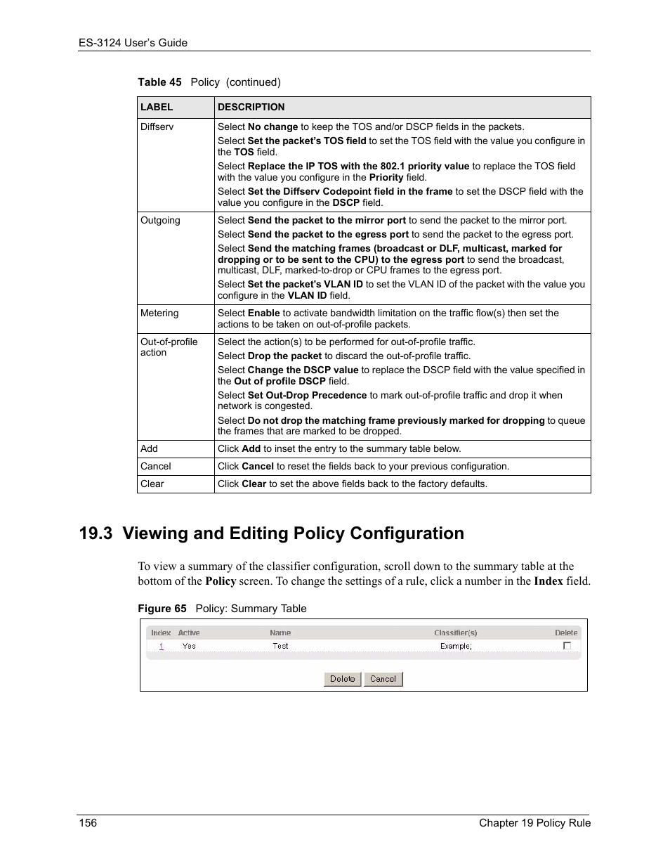 3 viewing and editing policy configuration, Figure 65 policy: summary table | ZyXEL Communications LAYER 3 ES-3124 User Manual | Page 158 / 337