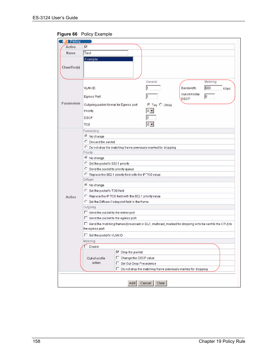 Figure 66 policy example | ZyXEL Communications LAYER 3 ES-3124 User Manual | Page 160 / 337