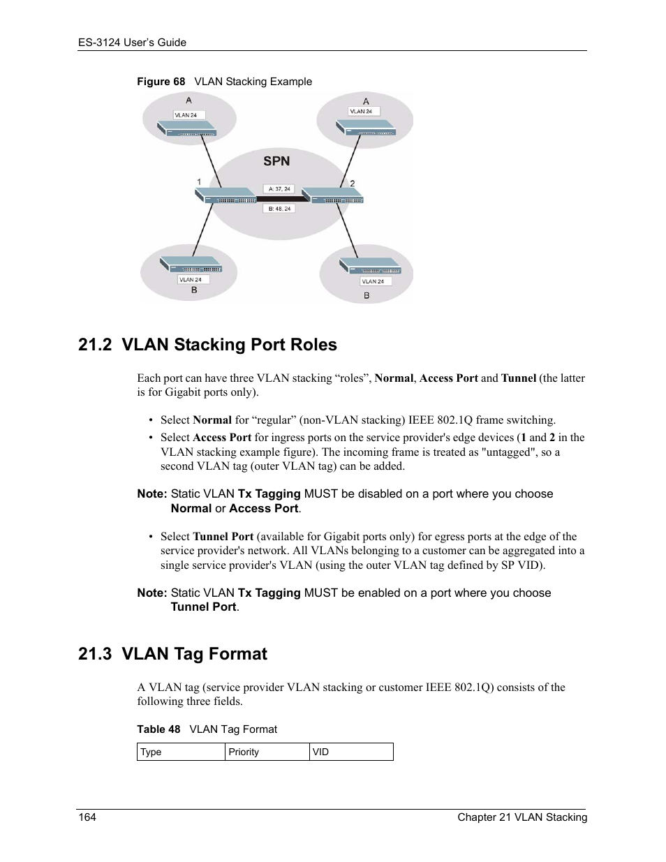 2 vlan stacking port roles, 3 vlan tag format, 2 vlan stacking port roles 21.3 vlan tag format | Figure 68 vlan stacking example, Table 48 vlan tag format | ZyXEL Communications LAYER 3 ES-3124 User Manual | Page 166 / 337