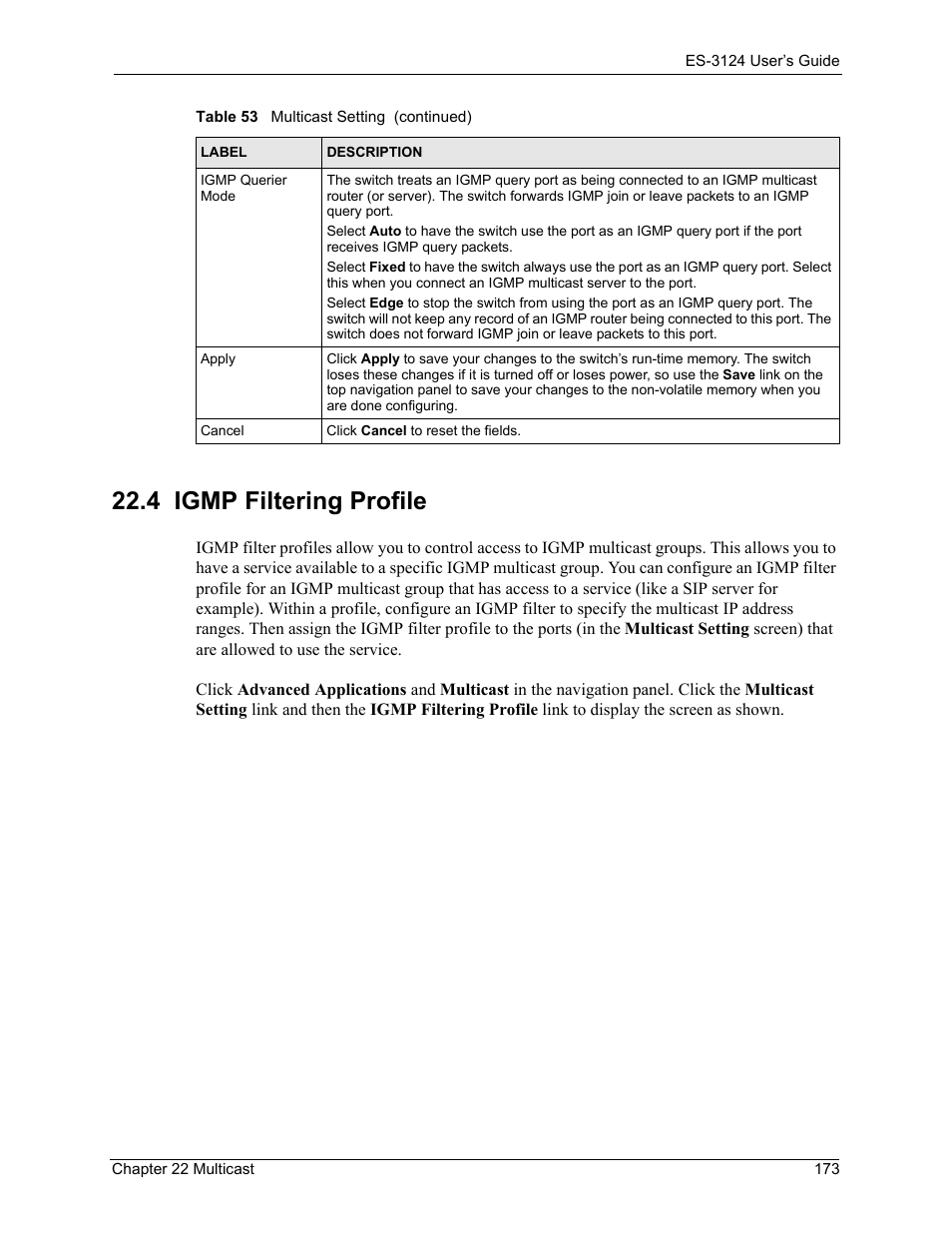 4 igmp filtering profile | ZyXEL Communications LAYER 3 ES-3124 User Manual | Page 175 / 337