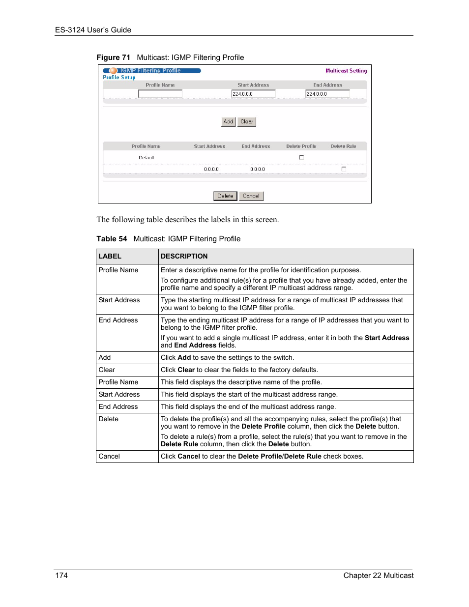 Figure 71 multicast: igmp filtering profile, Table 54 multicast: igmp filtering profile | ZyXEL Communications LAYER 3 ES-3124 User Manual | Page 176 / 337