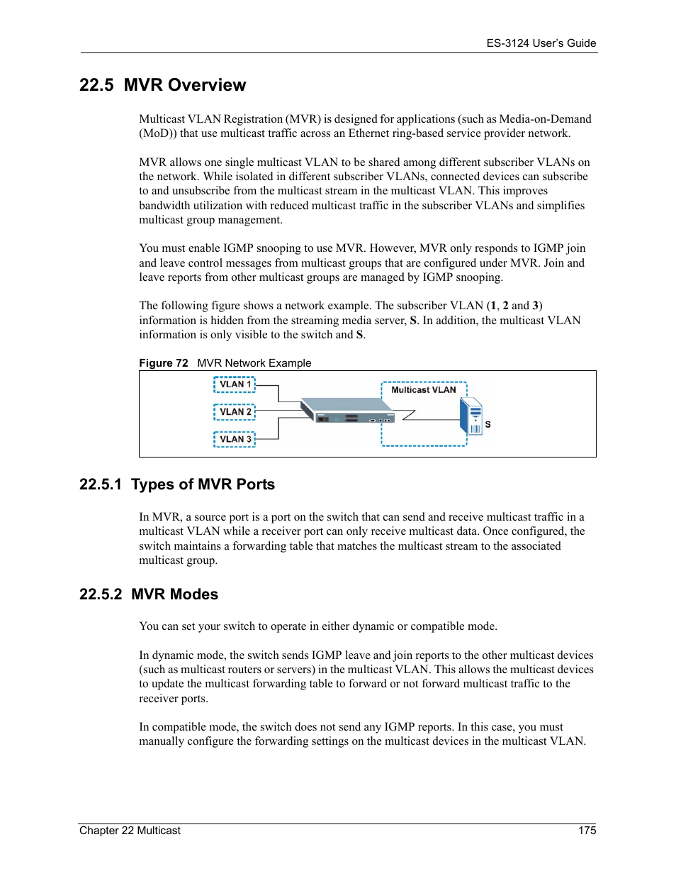 1 types of mvr ports, 2 mvr modes, 5 mvr overview | 1 types of mvr ports 22.5.2 mvr modes, Figure 72 mvr network example | ZyXEL Communications LAYER 3 ES-3124 User Manual | Page 177 / 337